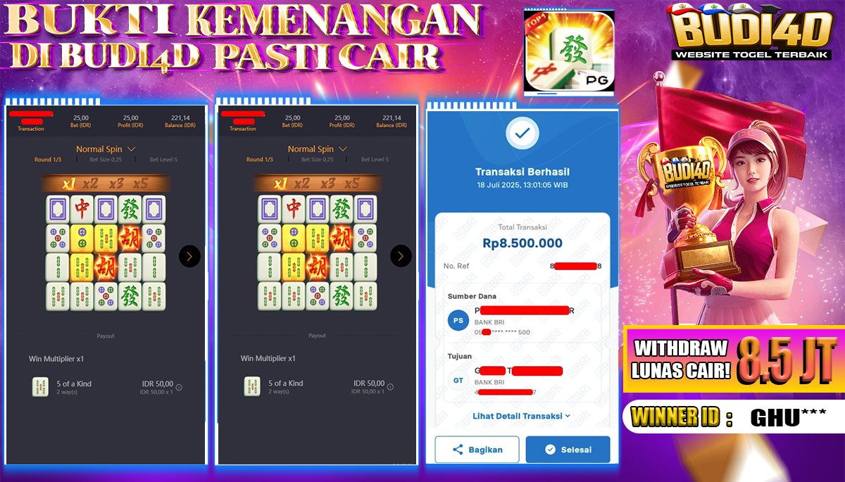 BUDI4D JACKPOT USERID: GHU**** SLOT PGSOFT MAHJONG WAYS Rp.8.500.000,- LUNAS